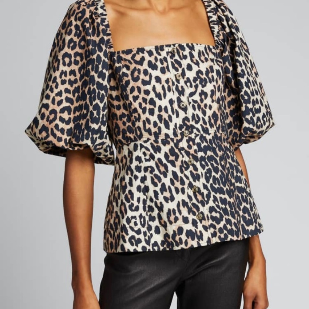 Ganni Leopard Print Puff Sleeve Blouse